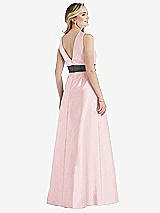 Rear View Thumbnail - Ballet Pink & Caviar Gray High-Neck Asymmetrical Shirred Satin Maxi Dress with Pockets