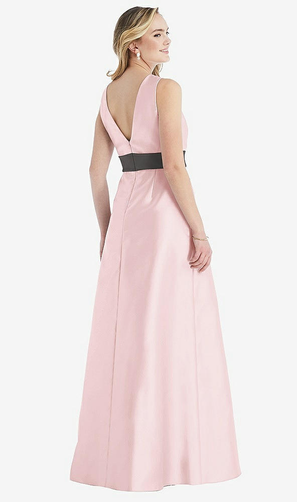 Back View - Ballet Pink & Caviar Gray High-Neck Asymmetrical Shirred Satin Maxi Dress with Pockets