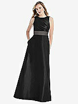 Front View Thumbnail - Black & Caviar Gray High-Neck Asymmetrical Shirred Satin Maxi Dress with Pockets