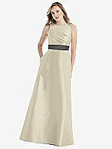 Front View Thumbnail - Champagne & Caviar Gray High-Neck Asymmetrical Shirred Satin Maxi Dress with Pockets