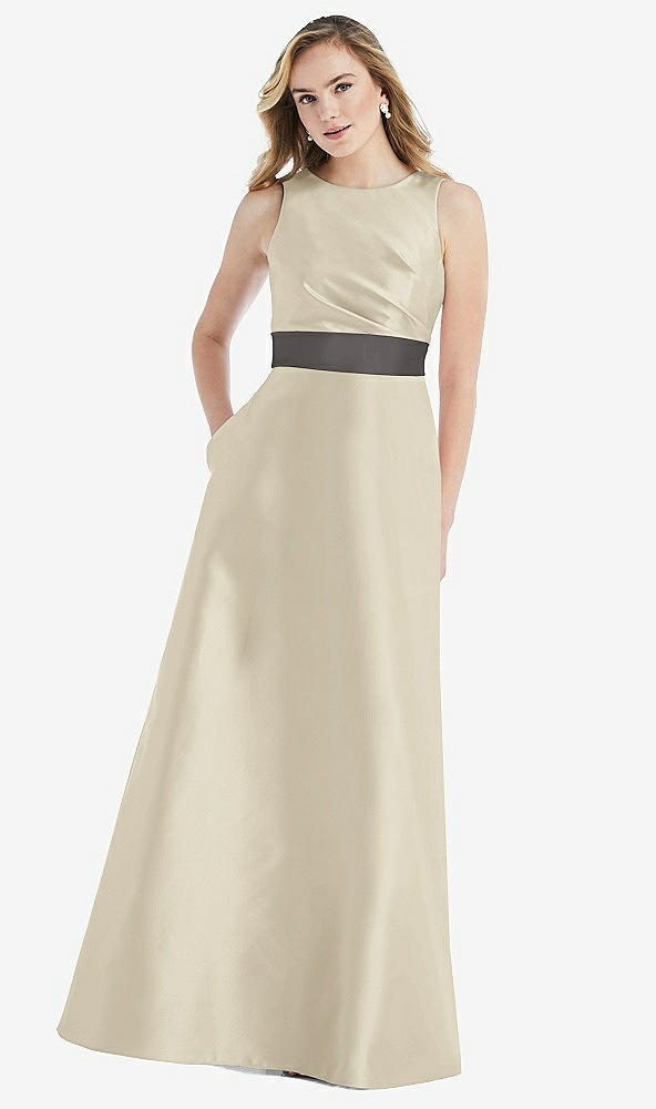 Front View - Champagne & Caviar Gray High-Neck Asymmetrical Shirred Satin Maxi Dress with Pockets