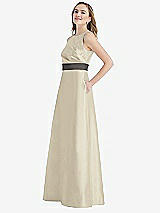 Side View Thumbnail - Champagne & Caviar Gray High-Neck Asymmetrical Shirred Satin Maxi Dress with Pockets