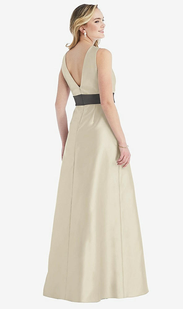 Back View - Champagne & Caviar Gray High-Neck Asymmetrical Shirred Satin Maxi Dress with Pockets