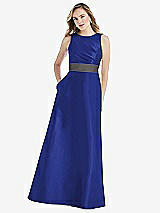 Front View Thumbnail - Cobalt Blue & Caviar Gray High-Neck Asymmetrical Shirred Satin Maxi Dress with Pockets