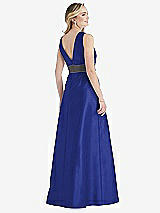 Rear View Thumbnail - Cobalt Blue & Caviar Gray High-Neck Asymmetrical Shirred Satin Maxi Dress with Pockets