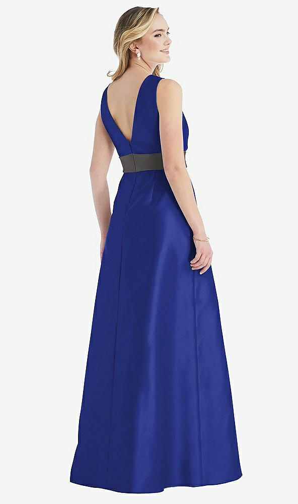 Back View - Cobalt Blue & Caviar Gray High-Neck Asymmetrical Shirred Satin Maxi Dress with Pockets