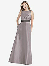 Front View Thumbnail - Cashmere Gray & Caviar Gray High-Neck Asymmetrical Shirred Satin Maxi Dress with Pockets