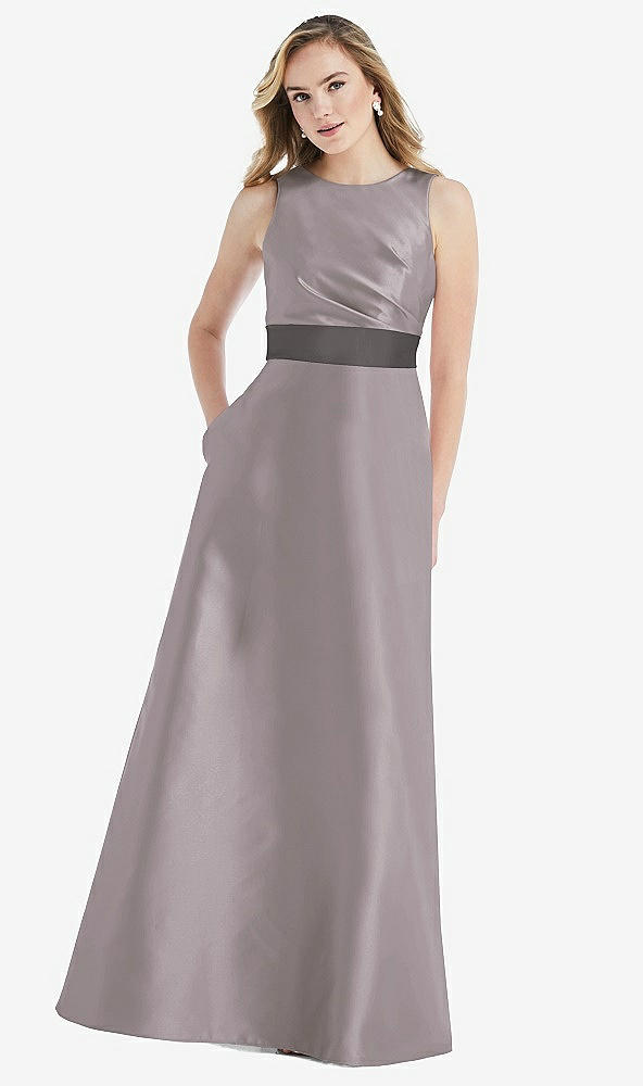 Front View - Cashmere Gray & Caviar Gray High-Neck Asymmetrical Shirred Satin Maxi Dress with Pockets