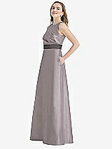 Side View Thumbnail - Cashmere Gray & Caviar Gray High-Neck Asymmetrical Shirred Satin Maxi Dress with Pockets
