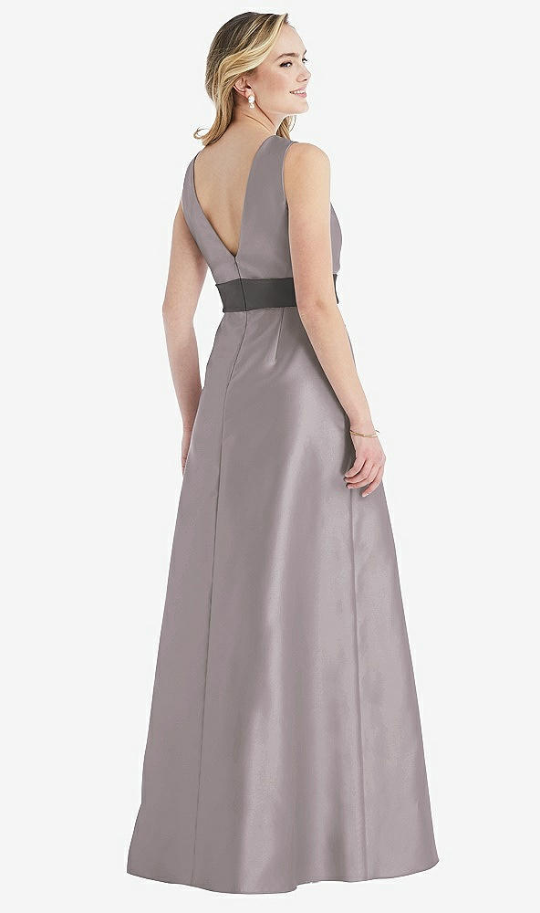Back View - Cashmere Gray & Caviar Gray High-Neck Asymmetrical Shirred Satin Maxi Dress with Pockets