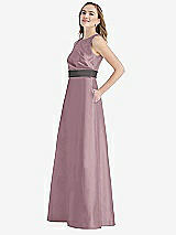 Side View Thumbnail - Dusty Rose & Caviar Gray High-Neck Asymmetrical Shirred Satin Maxi Dress with Pockets