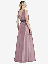 Rear View Thumbnail - Dusty Rose & Caviar Gray High-Neck Asymmetrical Shirred Satin Maxi Dress with Pockets