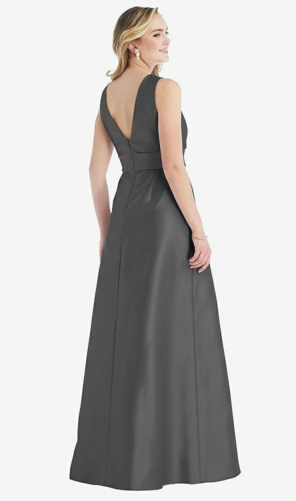 Back View - Gunmetal & Caviar Gray High-Neck Asymmetrical Shirred Satin Maxi Dress with Pockets