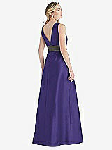 Rear View Thumbnail - Grape & Caviar Gray High-Neck Asymmetrical Shirred Satin Maxi Dress with Pockets