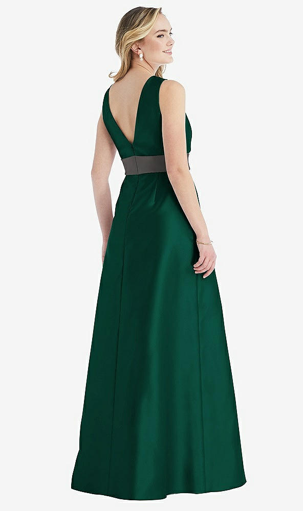 Back View - Hunter Green & Caviar Gray High-Neck Asymmetrical Shirred Satin Maxi Dress with Pockets