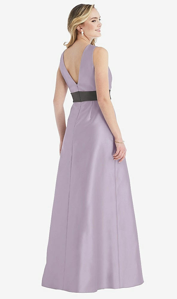 Back View - Lilac Haze & Caviar Gray High-Neck Asymmetrical Shirred Satin Maxi Dress with Pockets