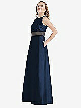 Side View Thumbnail - Midnight Navy & Caviar Gray High-Neck Asymmetrical Shirred Satin Maxi Dress with Pockets