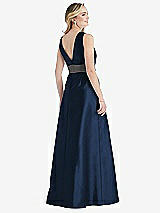 Rear View Thumbnail - Midnight Navy & Caviar Gray High-Neck Asymmetrical Shirred Satin Maxi Dress with Pockets