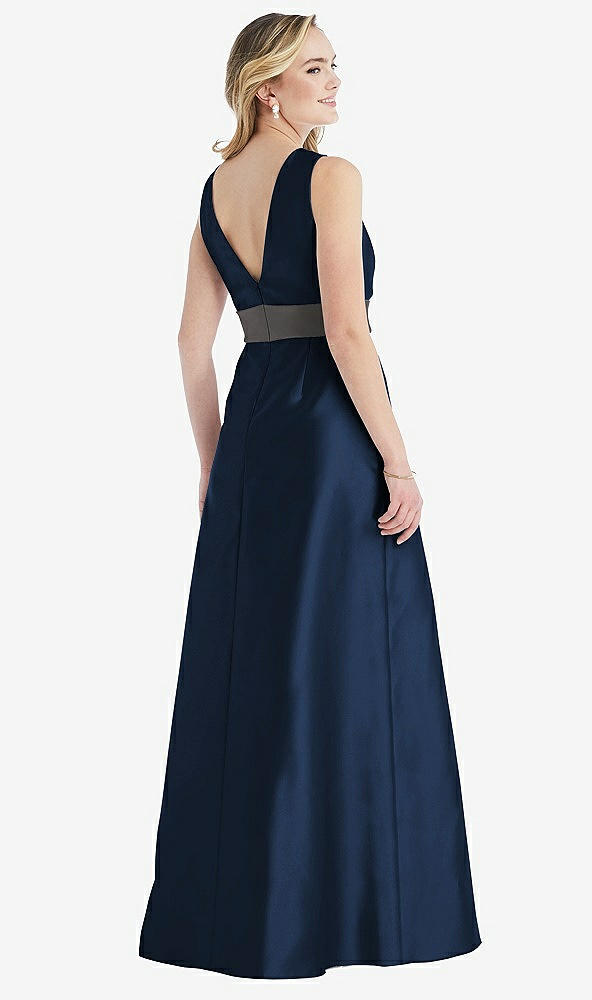 Back View - Midnight Navy & Caviar Gray High-Neck Asymmetrical Shirred Satin Maxi Dress with Pockets