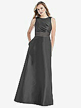Front View Thumbnail - Pewter & Caviar Gray High-Neck Asymmetrical Shirred Satin Maxi Dress with Pockets