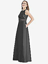 Side View Thumbnail - Pewter & Caviar Gray High-Neck Asymmetrical Shirred Satin Maxi Dress with Pockets