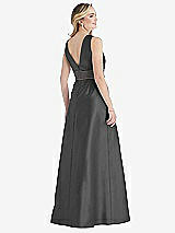 Rear View Thumbnail - Pewter & Caviar Gray High-Neck Asymmetrical Shirred Satin Maxi Dress with Pockets