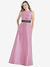 Front View Thumbnail - Powder Pink & Caviar Gray High-Neck Asymmetrical Shirred Satin Maxi Dress with Pockets