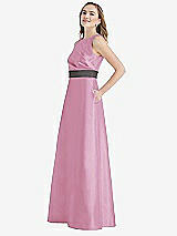 Side View Thumbnail - Powder Pink & Caviar Gray High-Neck Asymmetrical Shirred Satin Maxi Dress with Pockets
