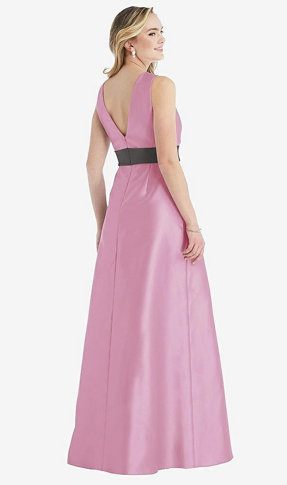 Back View - Powder Pink & Caviar Gray High-Neck Asymmetrical Shirred Satin Maxi Dress with Pockets