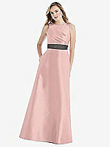 Front View Thumbnail - Rose - PANTONE Rose Quartz & Caviar Gray High-Neck Asymmetrical Shirred Satin Maxi Dress with Pockets