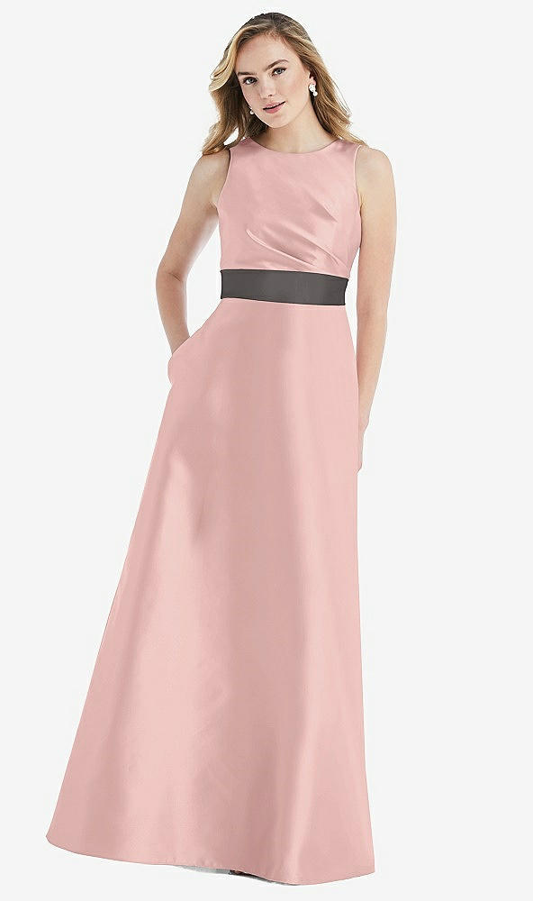 Front View - Rose - PANTONE Rose Quartz & Caviar Gray High-Neck Asymmetrical Shirred Satin Maxi Dress with Pockets