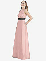 Side View Thumbnail - Rose - PANTONE Rose Quartz & Caviar Gray High-Neck Asymmetrical Shirred Satin Maxi Dress with Pockets