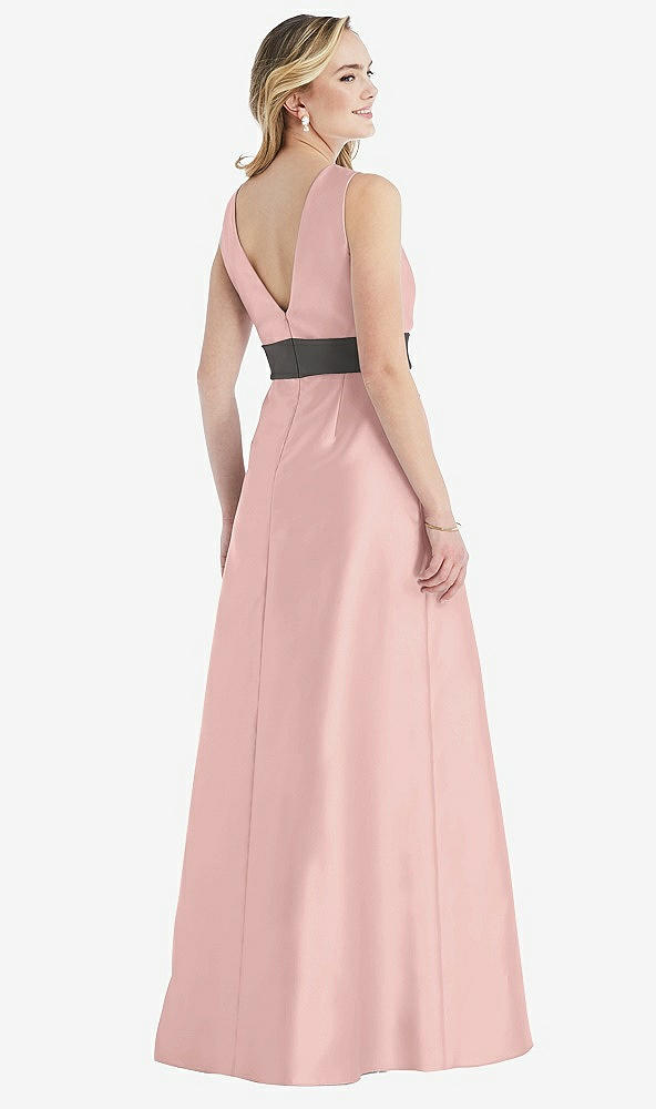 Back View - Rose - PANTONE Rose Quartz & Caviar Gray High-Neck Asymmetrical Shirred Satin Maxi Dress with Pockets