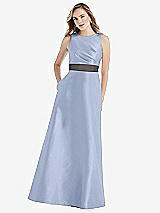 Front View Thumbnail - Sky Blue & Caviar Gray High-Neck Asymmetrical Shirred Satin Maxi Dress with Pockets