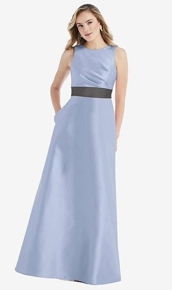 Front View - Sky Blue & Caviar Gray High-Neck Asymmetrical Shirred Satin Maxi Dress with Pockets
