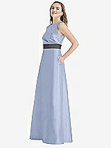 Side View Thumbnail - Sky Blue & Caviar Gray High-Neck Asymmetrical Shirred Satin Maxi Dress with Pockets