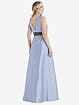 Rear View Thumbnail - Sky Blue & Caviar Gray High-Neck Asymmetrical Shirred Satin Maxi Dress with Pockets
