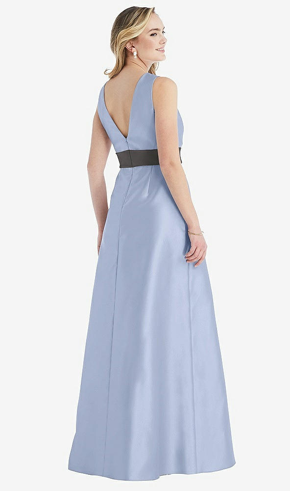 Back View - Sky Blue & Caviar Gray High-Neck Asymmetrical Shirred Satin Maxi Dress with Pockets