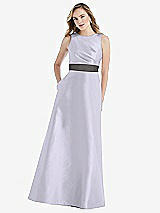 Front View Thumbnail - Silver Dove & Caviar Gray High-Neck Asymmetrical Shirred Satin Maxi Dress with Pockets