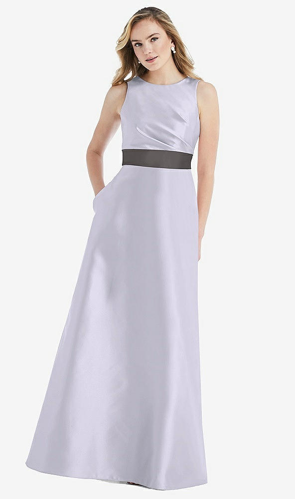 Front View - Silver Dove & Caviar Gray High-Neck Asymmetrical Shirred Satin Maxi Dress with Pockets