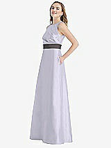Side View Thumbnail - Silver Dove & Caviar Gray High-Neck Asymmetrical Shirred Satin Maxi Dress with Pockets