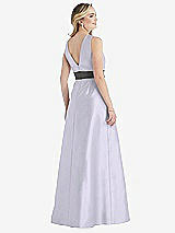 Rear View Thumbnail - Silver Dove & Caviar Gray High-Neck Asymmetrical Shirred Satin Maxi Dress with Pockets