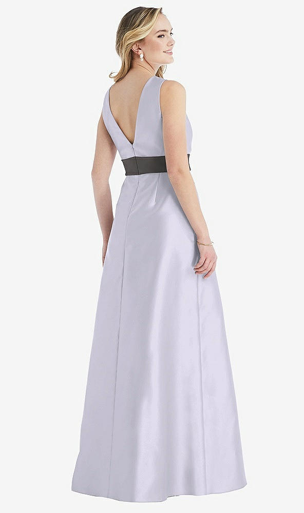 Back View - Silver Dove & Caviar Gray High-Neck Asymmetrical Shirred Satin Maxi Dress with Pockets