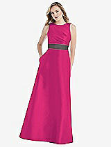 Front View Thumbnail - Think Pink & Caviar Gray High-Neck Asymmetrical Shirred Satin Maxi Dress with Pockets