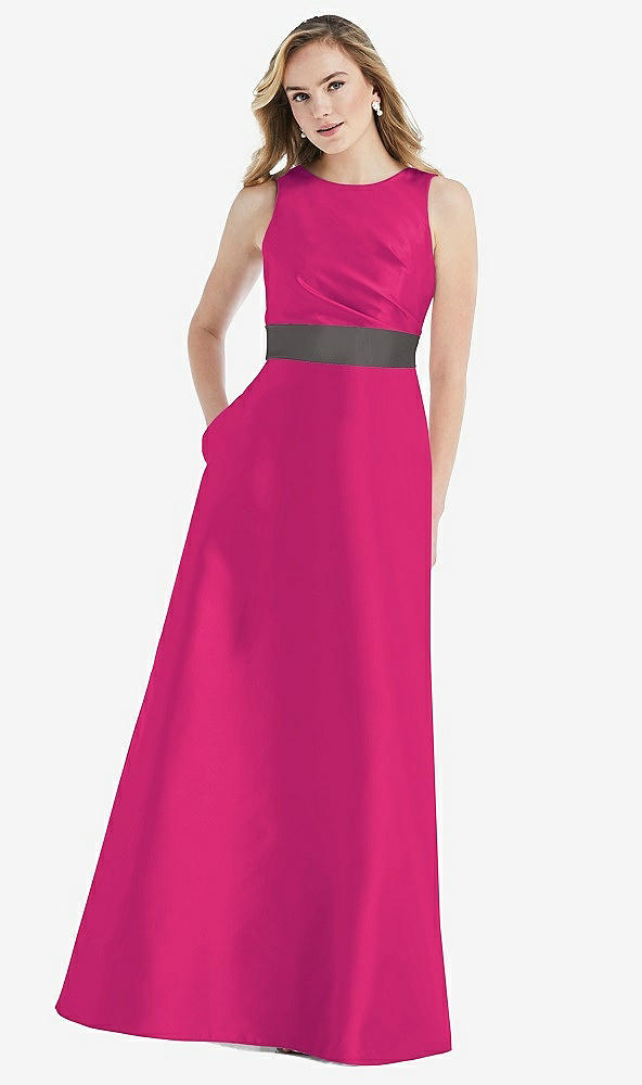Front View - Think Pink & Caviar Gray High-Neck Asymmetrical Shirred Satin Maxi Dress with Pockets