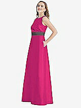 Side View Thumbnail - Think Pink & Caviar Gray High-Neck Asymmetrical Shirred Satin Maxi Dress with Pockets
