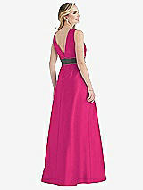 Rear View Thumbnail - Think Pink & Caviar Gray High-Neck Asymmetrical Shirred Satin Maxi Dress with Pockets