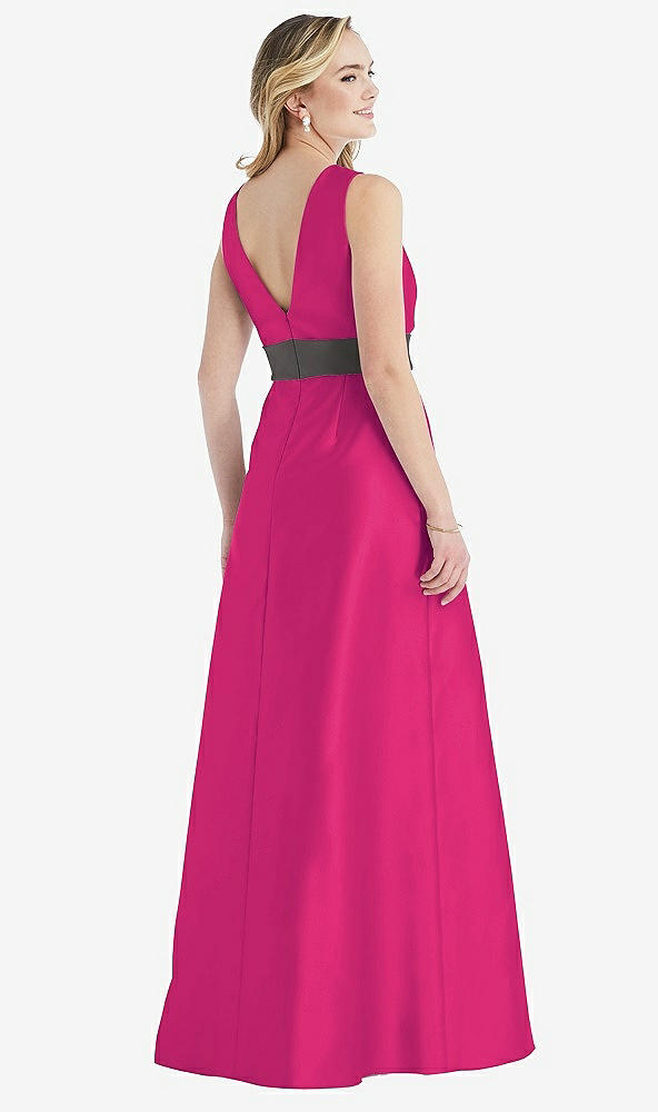 Back View - Think Pink & Caviar Gray High-Neck Asymmetrical Shirred Satin Maxi Dress with Pockets