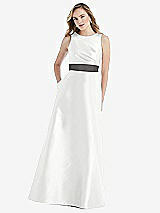 Front View Thumbnail - White & Caviar Gray High-Neck Asymmetrical Shirred Satin Maxi Dress with Pockets