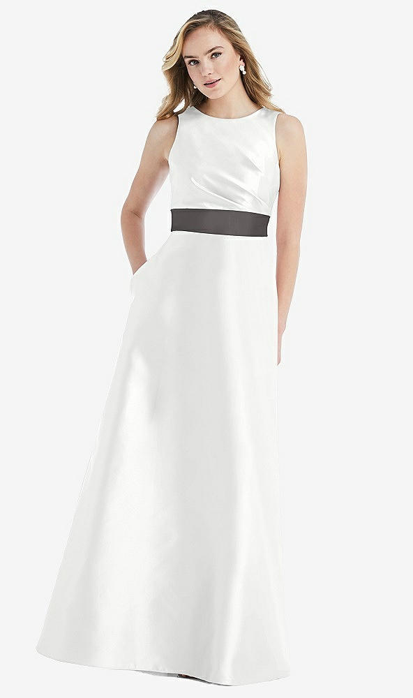 Front View - White & Caviar Gray High-Neck Asymmetrical Shirred Satin Maxi Dress with Pockets